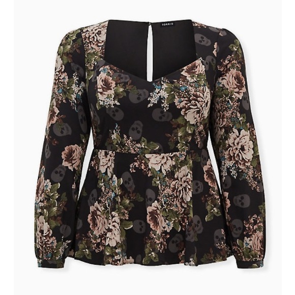 Torrid Floral Skull Sweetheart Peplum Blouse - Picture 1 of 6